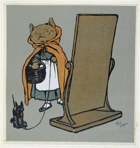 Kat voor zijn spiegel - tekening door Cecil Aldin door Cecil Charles Windsor Aldin
