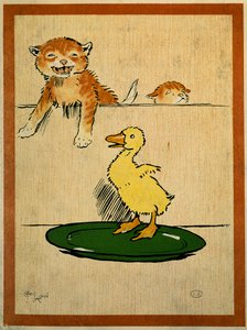 Katten en eend. Tekening door Cecil Aldin (1870-1935). Parijs, Decoratieve Kunsten