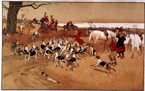 Jachtscène rennen; schieten. Gravure door Cecil Aldin (1870 -?), Engeland. Coll. Part door Cecil Charles Windsor Aldin
