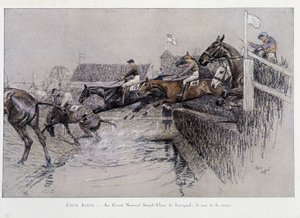 De Grand National Steeple Chase in Liverpool: De sprong over de rivier - tekening door Cecil adlin door Cecil Charles Windsor Aldin