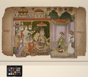 Een koning en hovelingen luisteren naar een muzikant, c.1750 door Central Indian School