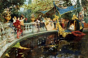 Het vertrek cesare. Vermaak aan het hof van Engeland: boottocht in een bassin. Schilderij van Agostino Detti (1847-1914 Italiaans) Privécollectie
