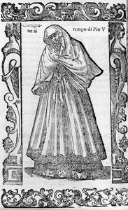 Renaissance: een courtisane ten tijde van paus Pius V (1566-1572). Gravure uit 