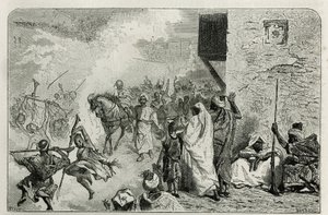 Een jonge jongen wordt in triomf gedragen na de besnijdeningsceremonie, te midden van de menigte die in de lucht schiet, terwijl hij schreeuwt en zich weer vermaakt, gravure door C. Biseo ter illustratie van het verhaal Le Maroc door Edmondo de Amicis, in door Cesare Biseo