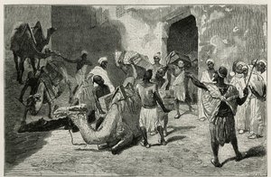 Het laden van kamelen van de karavaan van de auteur van het verhaal, Atanger, gravure door Biseo, ter illustratie van het verhaal Le Maroc door Edmondo de Amicis, in 1875, gepubliceerd in Le tour du monde, onder leiding van Edouard Charton door Cesare Biseo