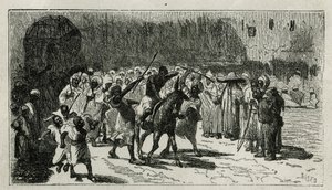 De bestraffing van een dief, klimt op een muilezel, hij ontvangt stokken onder het gejoel van de menigte, gravure door C.Biseo, ter illustratie van het verhaal Le Maroc door Edmondo de Amicis, in 1875, gepubliceerd in Le tour du monde, onder leiding van Ed door Cesare Biseo