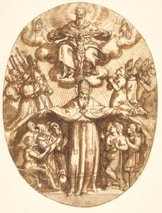 De Drie-eenheid met leden van een broederschap en een paus als beschermer van de zieken. Ovale compositie
