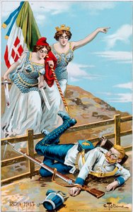 Eerste Wereldoorlog: poster met een allegorie van Italië en Frankrijk die Duitsland over de grens jagen. Illustratie door Cesare Tallone. Privécollectie door Cesare Tallone