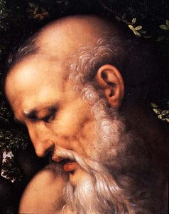 St. Jerome, detail van het hoofd van de heilige (detail)