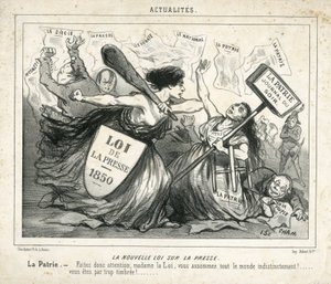 Illustratie van Cham in Le Charivari, circa 1850-4-3 - De nieuwe wet op de pers - Censuur, Pers/Media, Wet - Proudhon Pierre-Joseph, Girardin Emile de - Allegorie