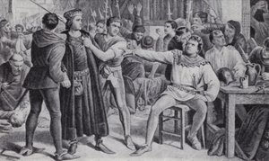 Lord Saye en Sele, op het punt onthoofd te worden tijdens de opstand van Jack Cade