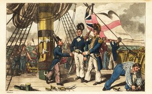 Kapitein Spring maakt adelborst Newcome zijn adjudant en overhandigt hem zijn zwaard op het achterdek van HMS Victory door Charles (c.1797 1850) (after) Williams