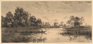 Avond aan een rivier met een schipper door Charles A. Walker