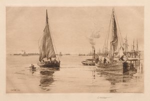 Twee Sloepen op de East River door Charles Adams Platt