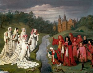Negen prinsen en acht prinsessen van het Huis van Bourgondië van Philippe de Stoute tot Karel de Stoute, jagen op een valk of vissen in het park van een kasteel (naar Jan Van Eyck)