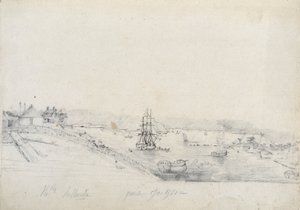 Rechts, het kamp van de Fransen van de Baudin-expeditie naar Bennelong Point, links, Sydney, huis van Nicolas Bayley - potlood en inkt door Charles Alexandre Lesueur door Charles Alexandre Lesueur