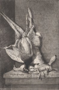 Jachttrofee met wildvogels en konijn, 1850-1900