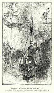 Stephenson gaat de schacht in (gravure) door Charles Altamont Doyle
