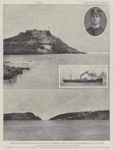 Ingang van de haven van Santiago de Cuba; met de Merrimac die op het smalste deel van het kanaal werd gezonken door Charles Auguste Loye