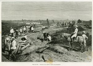 Het leggen van de transcaspische rails. Gravure door Ch. Barbant ter illustratie van het verhaal Voyage a Merv, door Edgar Boulanger, in le tour du monde 1887, onder leiding van Edouard Charton (1807-1890), Hachette, Parijs
