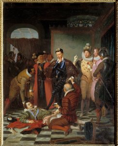 Hendrik III koning van Frankrijk duwt het lichaam van Hendrik I van Lotharingen, hertog van Guise, na zijn moord in het kasteel van Blois