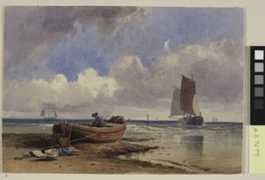 Vissersboot op de kust bij Hastings door Charles Bentley