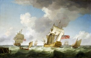 Een handelsschip van de Britse Oost-Indische Compagnie in sterke wind, nabij de pier, die het net heeft verlaten