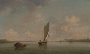 Een vissersboot onder zeil in een lichte bries in een rivier door Charles Brooking