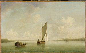 Een Smak Onder Zeil in een Lichte Bries in een Rivier, ca. 1756-9 door Charles Brooking