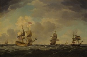 Een Engels vlaggenschip onder gemakkelijke zeil in een matige bries