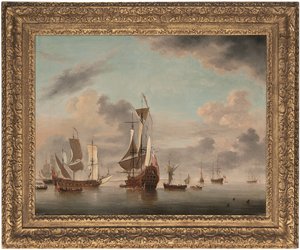 Een Engelse tweedekker van veertig kanonnen voor anker voor een kust met een galliot dichtbij en vijf oorlogsschepen daarachter