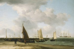 Scène aan de kust, met een oorlogsschip aan de horizon door Charles Brooking