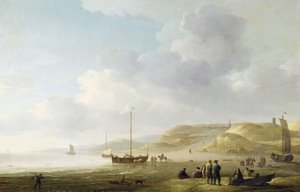 De kust bij Scheveningen met vissersboten op het strand door Charles Brooking