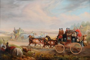 Hull-London Royal Mail ontmoet een reizende koets op de weg, c.1835