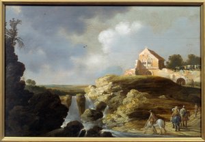 Italiaans landschap. Schilderij door Carel De Hooch (? - 1638) door Charles Cornelisz de Hooch