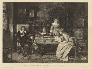 Milton in een armstoel gezeten dicteert aan eene zijner dochters zijn paradise lost