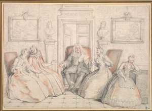 Trissotin leest voor aan Philaminte, Bélise en Armande (uit act 3, scène 2 van Molière