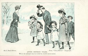 Vrouw ontmoet de man die ze weigerde in het huwelijk en die zwoer nooit te trouwen (kleur litho) door Charles Dana Gibson