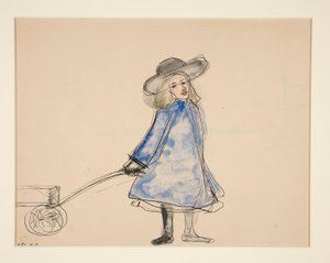 Meisje trekt wagen (Eenvoudig meisje in blauwe jurk) (recto); Schets van een man (verso)