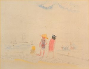 Twee vrouwen en kind op strand door Charles Demuth