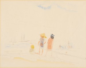 Twee vrouwen en kind op strand door Charles Demuth
