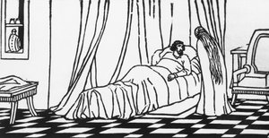 Melisande bezoekt Golaud, die in bed ligt na een val van zijn paard, houtsnede door Charles Doudelet voor Pelleas en Melisande door Maurice Maeterlinck, uitgegeven door Claudio Argentieri, Spoleto, Italië