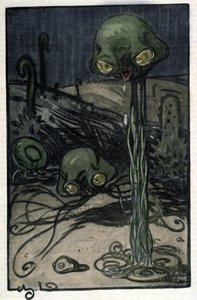 Een inwoner van de planeet Mars. Illustratie door M. Dudouyt (1885-1946) voor de roman van Herbert George Wells (1866-1946) "The War of the Worlds"