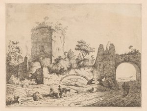 Landschap met ruïne van een toren en een poort (serie titel) door Charles Echard (attributed to)