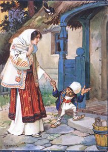 Kleine broer Bit nam zijn mooie bruid mee naar het huis dat hij voor haar had gebouwd, scène uit Kleine broer Bit in Kinderverhalen uit Roemeense legenden door Moses Gaster (1856-1939) 1921 door Charles Edmund Brock