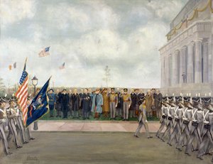 Maarschalk Joffre op missie naar Washington inspecteert studenten van West Point, lente 1917, door Charles Edmund Brock (1870-1938), Eerste Wereldoorlog, de Verenigde Staten, 20e eeuw door Charles Edmund Brock