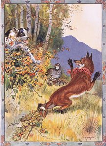 Uit de struiken sprong de hond, scène uit Het verhaal van de patrijs, de vos en de hond in Kinderverhalen uit Roemeense legenden door Moses Gaster (1856-1939) 1921