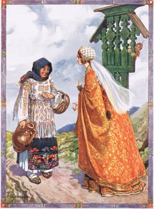 De prinses... vroeg haar om de boerenkleding te ruilen voor haar koninklijke gewaden, scène uit Geluk en ongeluk in Kinderverhalen uit Roemeense legenden door Moses Gaster (1856-1939) 1921 door Charles Edmund Brock
