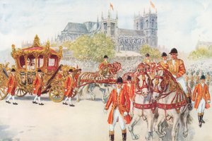 De kroningskoets draait de Embankment op (kleur litho) door Charles Edmund Brock
