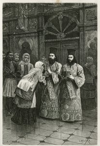Priesters geven een kus aan de heilige beelden, gravure door Ch.Delort, ter illustratie van Henri Belle